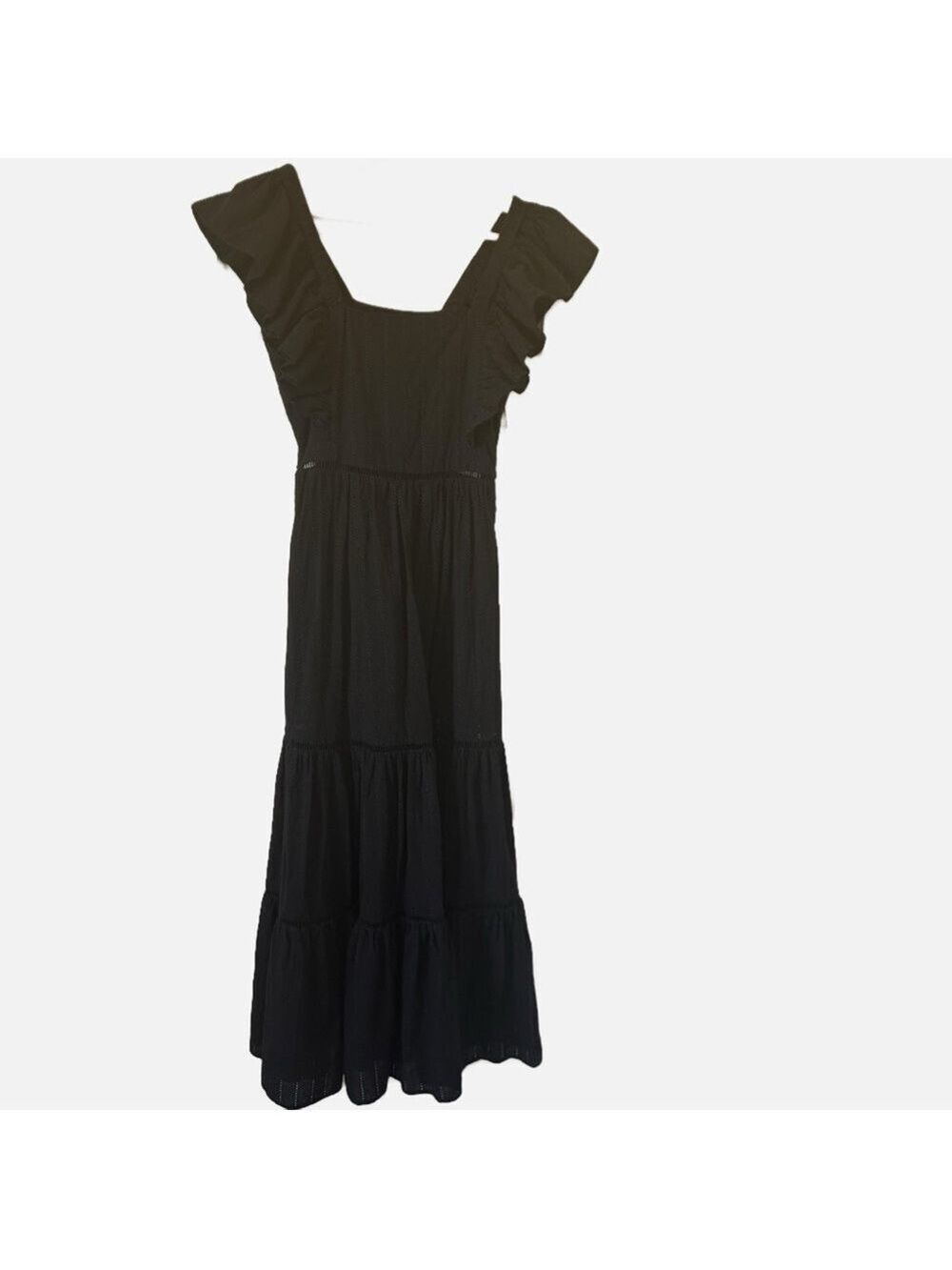 H&M Women Maxi Eyelet Dress Square Neckline Black Sz 2 Boho Festival Side Zipper